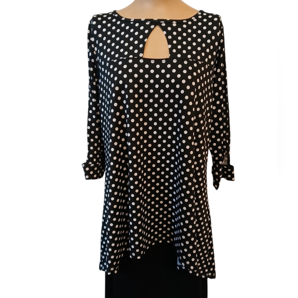 Black White Polka Dot Keyhole Neckline Top Tunic XL EUC
